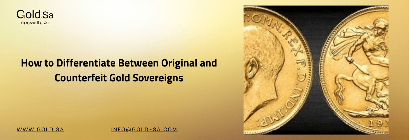 Gold SA graphic showing original and counterfeit gold sovereign coins with visual comparison for authentication guidance