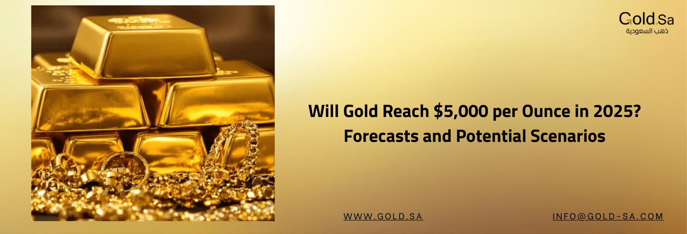 Gold bars and jewelry background with a text overlay: 'Will Gold Reach $5,000 per Ounce in 2025? Forecasts and Potential Scenarios' for Gold.sa